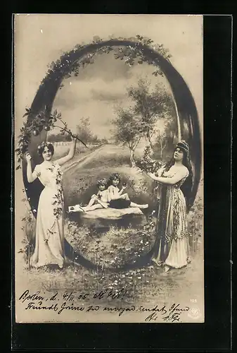 AK Buchstabe O, junge Frau trägt einen Obstkorb, Kinder essen Äpfel