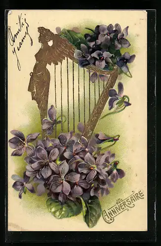 Künstler-AK Harfe mit Blumen