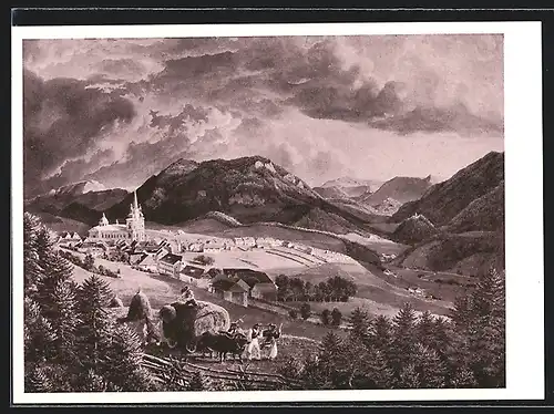 AK Maria-Zell, Totalansicht mit Ochsengespann