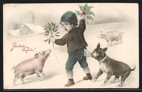 AK Knabe mit zerrendem Hund und Schweinen im Schnee, Neujahrsgruss