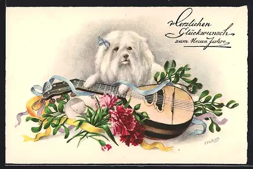 Künstler-AK Terrier liegt neben einer Laute, Neujahr