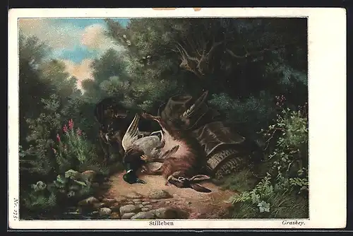 Künstler-AK Dackel mit Beutetieren im Wald