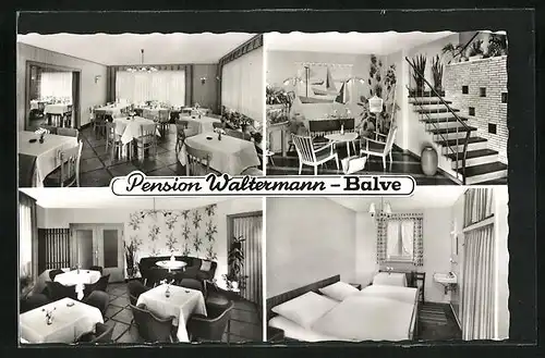 AK Balve / Sauerland, verschiedene Innenansichten der Hotel-Pension Waltermann