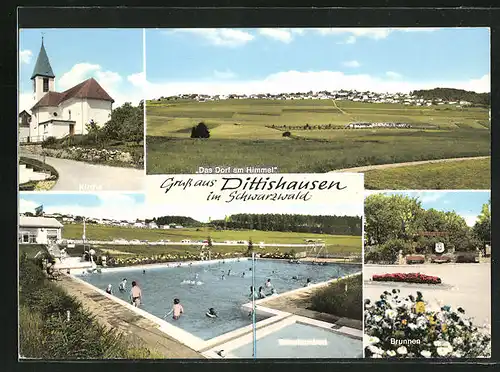 AK Dittishausen / Schwarzwald, Ortsansicht mit Kirche, Brunnen und Schwimmbad