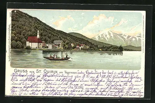 Lithographie St. Quirin / Tegernsee, Blick vom See auf das Dorf