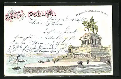 Lithographie Coblenz, Provinzial Denkmal Kaiser Wilhelm 1