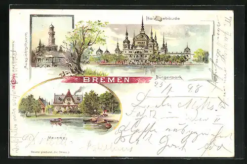 Lithographie Bremen, Bürgerpark, Meierei, Aussichtsturm
