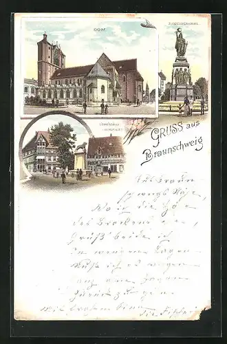 Lithographie Braunschweig, Löwensäule, Dom und Siegesdenkmal