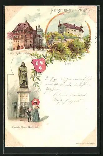 Lithographie Nürnberg, Burg, Albrecht Dürer Haus und Albrecht Dürer Denkmalk