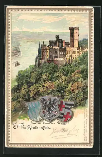 Lithographie Stolzenfels, Burg Lahneck am Stolzenfels mit Wappen