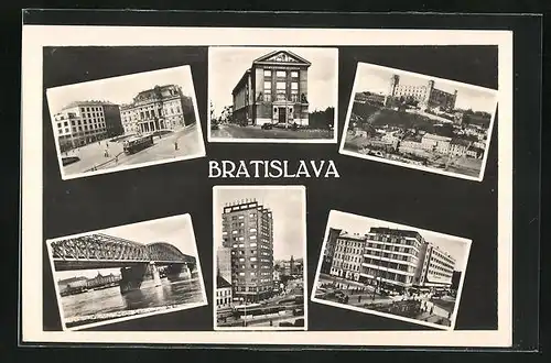 AK Bratislava, Museum, Brücke, Ortspartie mit Strassenbahn
