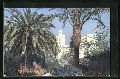 Künstler-AK Photochromie Nr. 2628: San Remo, Blick durch die Palmen auf ein Gebäude