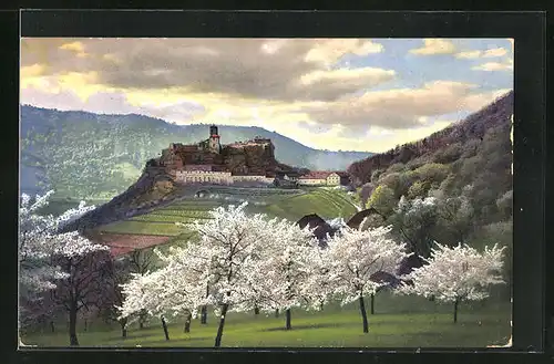 Künstler-AK Photochromie Nr. 3715: Blick auf ein Schloss zur Baumblüte