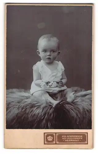 Fotografie Heinrich Schmorrde, Herrnhut, Portrait niedliches Baby im Hemdchen auf einem Fell sitzend