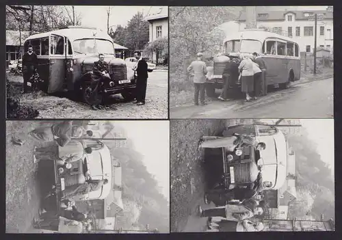 4 Fotografien Bus, Omnibus - Autobus mit Panne liegen geblieben, Fahrer prüft Motorraum 1969