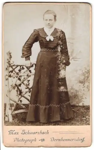 Fotografie Max Schwarzbach, Dornhennersdorf, Portrait junge Dame im hübschen Kleid an Zaun gelehnt