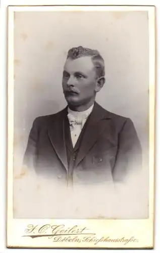 Fotografie H. O. Geilert, Döbeln, Portrait Herr mit Oberlippenbart in Anzug Fliege