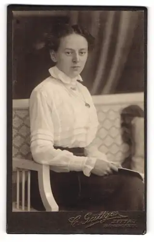 Fotografie C. Güttges, Zittau, Portrait bürgerliche Dame mit Heft auf Bank sitzend