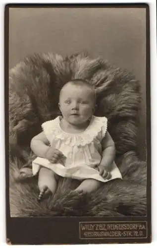 Fotografie Willy Zeiz, Neugersdorf i / S., Portrait niedliches Kleinkind im weissen Hemd auf Fell sitzend