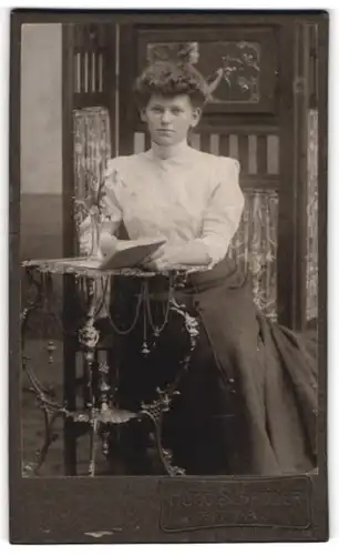 Fotografie Hugo Schröder, Zittau, Portrait bürgerliche Dame mit Buch am Tisch sitzend