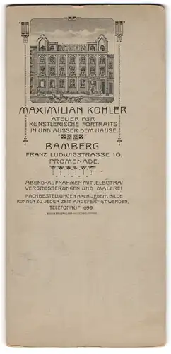 Fotografie Maximilian Kohler, Bamberg, rückseitig Ansicht Bamberg, Atelier f. Porträts M. Kohler, Franz Ludwigsstrasse 10