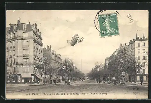 AK Paris, Boulevard Arago pris de la Rue Broca, Flugzeug