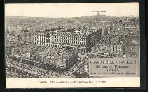 Künstler-AK Paris, Grand Hotel du Pavillon, 36, Rue de l`Echiquier, vu a vol d`oiseau