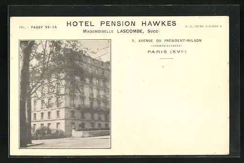 AK Paris, Hotel Pension Hawkes, 7 Avenue du Président-Wilson