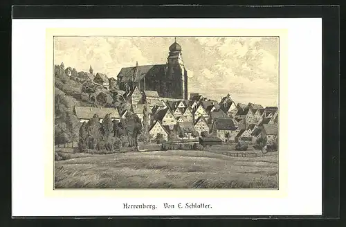 Künstler-AK Herrenberg, Totale mit Kirche