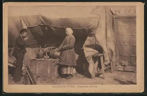 AK Russische Frau verteilt Essen, Russische Kantine