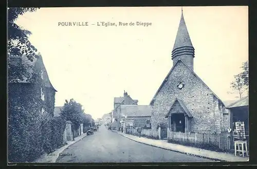 AK Pourville, l'Eglise, Rue de Dieppe