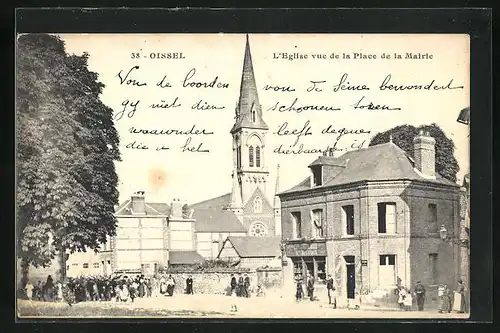 AK Oissel, L`Eglise vue de la Place de la Mairie, Ortspartie mit Kirche