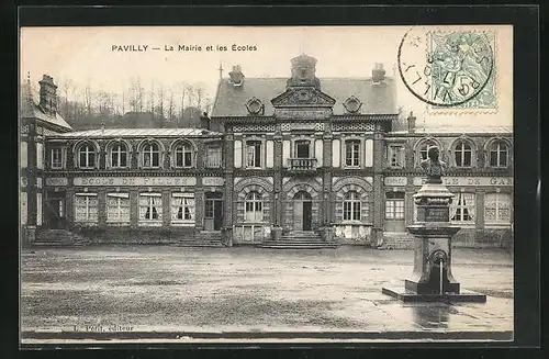 AK Pavilly, La Mairie et les Écoles, Brunnen vor dem Schulgebäude