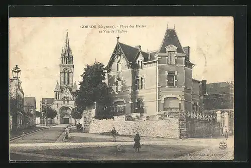 AK Gorron, Place des Halles et Vue de l'Eglise