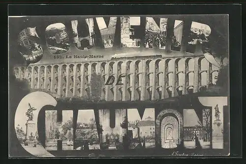 AK Bourbonne-les-Bains, Souvenir, Buchstaben mit Sehenswürdigkeiten und Viadukt, Montage