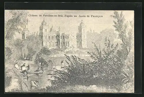 Künstler-AK Ferrières-en-Brie, Blick übers Wasser aufs Schloss, le Chateau