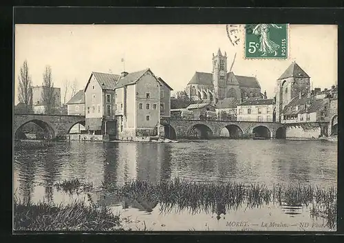 AK Moret, Blick über den Fluss zur Brücke und Kirche