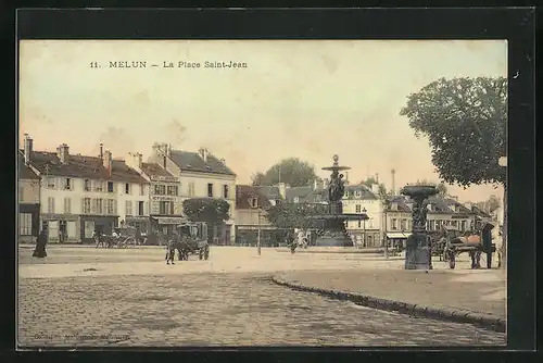 AK Melun, La Place de Saint-Jean, Strassenpartie mit Pferdekutschen