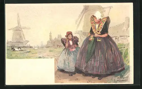 Künstler-Lithographie Henri Cassiers: Axel, Niederländsiche Tracht