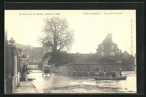 AK Petit-Andely, Crue de la Seine / Hochwasser 1910, Rue Saint-Jacques