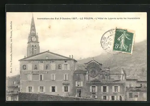 AK Le Pouzin, Inondations des 8 et 9 Octobre 1907, L`Hôtel du Louvre, Hochwasser