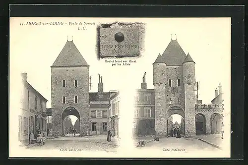 AK Moret-sur-Loing, Porte de Samois, Côté intérieur, Côté extérieur, Boulet lancé sur Moret par les Alliès