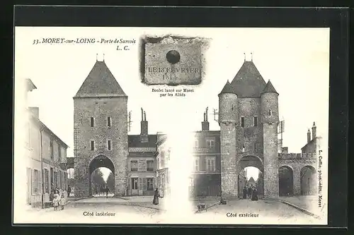 AK Moret-sur-Loing, Porte de Samois, Côté intérieur, Côté extérieur, Boulet lancé sur Moret par les Alliès