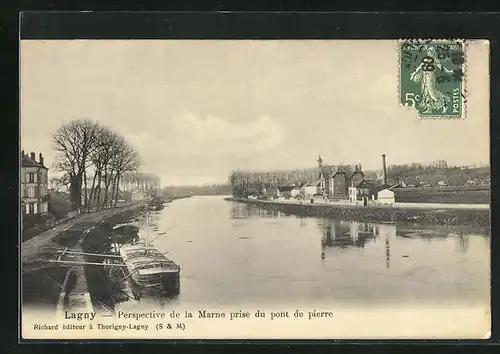 AK Lagny, Perspective de la Marne prise du pont de pierre
