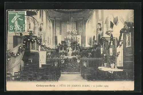 AK Crécy-en-Brie, L`Église, Fete de Jeanne d`Arc, 11 Juillet 1909
