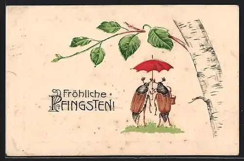 AK Maikäferpaar mit rotem Schirm, Pfingstgruss