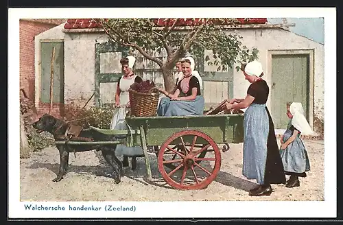 AK Walchersche hondenkar, Zeeland, Milchverkäuferinnen auf einem Hundewagen