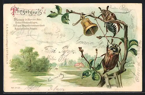 Lithographie Maikäfer auf einem Baum läuten ein Glöckchen, Pfingstgruss