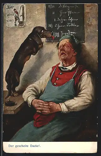 AK Dackel wischt Schulden seines Herrchens von der Tafel des Wirts
