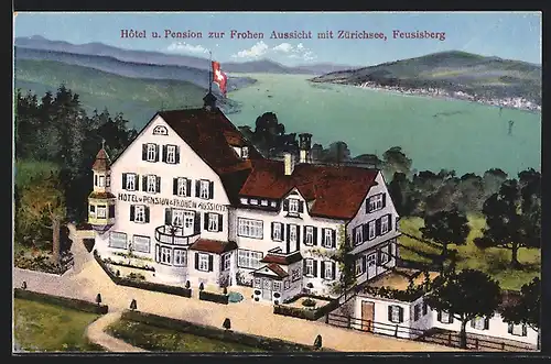 Künstler-AK Feusisberg, Hotel und Pension zur Frohen Aussischt mit Zürichsee